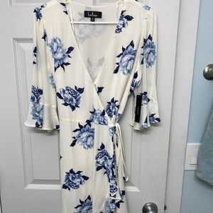 White and blue floral wrap dress